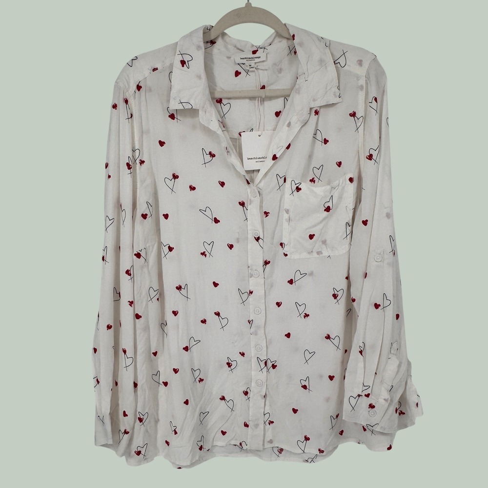 Beach Lunch Lounge Caroline Shirt Women 2X White Heart Print NEW Top‎ Chic Love